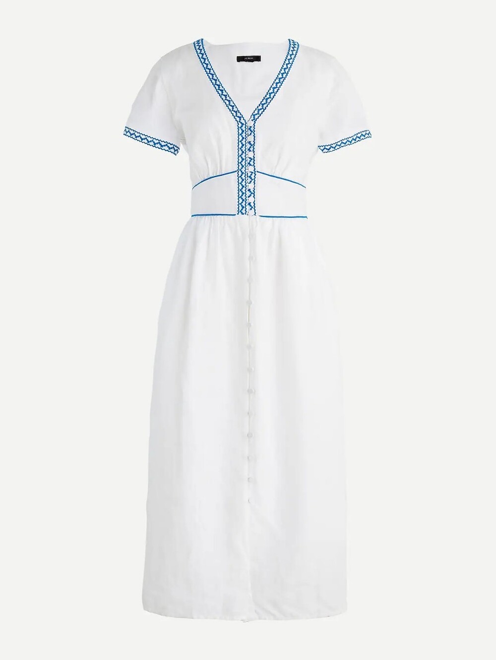 J. Crew White Linen Midi Dress with Blue Embroidered Trim